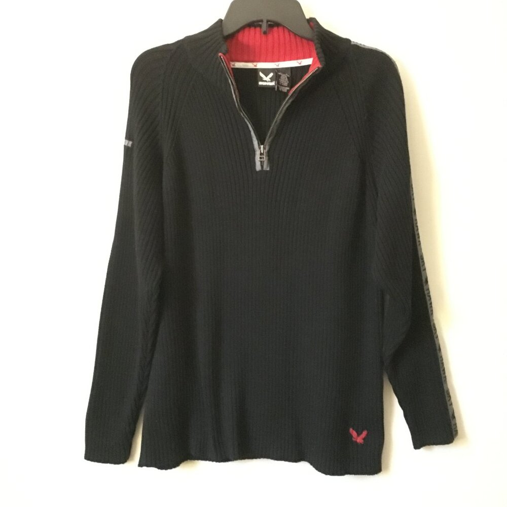 Vintage Y2K Cyberpunk Ribbed Quarter Zip Sweater XL Black Red Moto Streetwear
